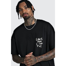 Unisex Örme Look Mom I Can Fly Basklı Siyah %100 Pamuk T-shirt. Siyah