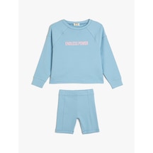 Koton 2'li Takım Tayt Sweatshirt Slogan Baskılı Mavi 4skg10182ak Mavi