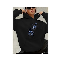Herkesemoda Mavi Çiçekler Baskılı Kapüşonlu Sweatshirt Siyah