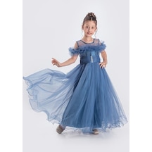 Mnk Baby & Kids Uzun Etek Kız Çocuk Robası Şifon Abiye M00723 İndigo