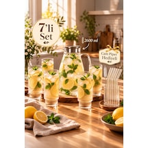 Porsima Borosilikat Metal Kapaklı Çizgili Cam Sürahi Ve 6'lı Meşrubat Bardak Seti 2600 Ml Sürahi + 6x250 Ml Bardak + Cam Pipet Hediyeli