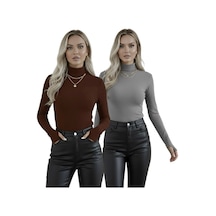 Hashtag Kadın Balıkçı Yaka Parmak Detaylı Body 2'li Set Viskon Kumaş Gri Kahverengi