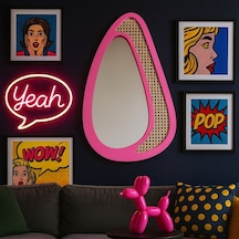 53x88 Cm Pembe Rattan Çerçeveli Organik Ayna Modern Dekoratif Duvar Aynası Tasarım Ayna, Rattan Ayna, Salon & Genç Odası Dekoru Sarı