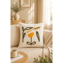 2'li Punch Sarı Lale Desenli Nakışlı Dekoratif Kırlent Kılıfı 42x42 Cm Fermuarlı Koltuk, Kanepe Ve Yatak Odası Kırlent Kılıfı, Makinede Yıkanabilir Ekru