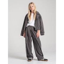 Zekids Kız Çocuk Pile Detaylı Bol Paça Pantolon-17474 Füme