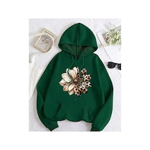 Herkesemoda Leopar Desenli Çiçek Baskı Detaylı İçi Polarlı Kapüşonlu Sweatshirt Yeşil