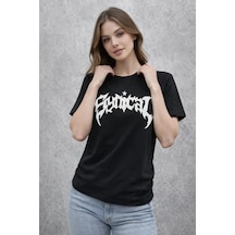 İkales Bisiklet Yaka Ön Baskılı Kısa Kollu Tişört Streetwear Günlük Basic Pamuklu T-shirt - Siyah