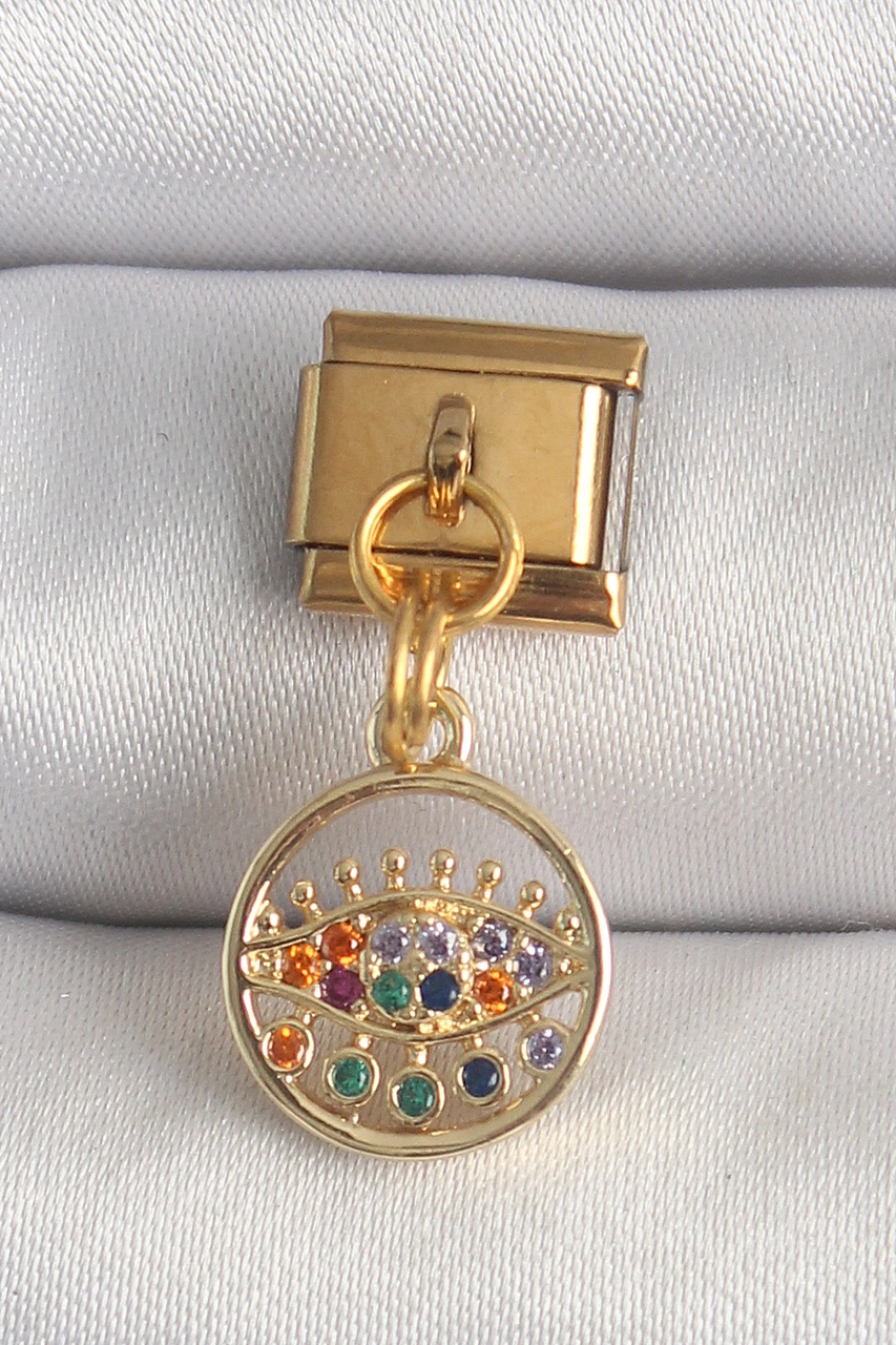316l Çelik Gold Renk Sallantı Renkli Zirkon Taşlı Göz Model Nomination Charm Çok Renkli