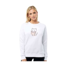 Kawaii Cat Kedi Baskılı Beyaz Kadın Sweatshirt