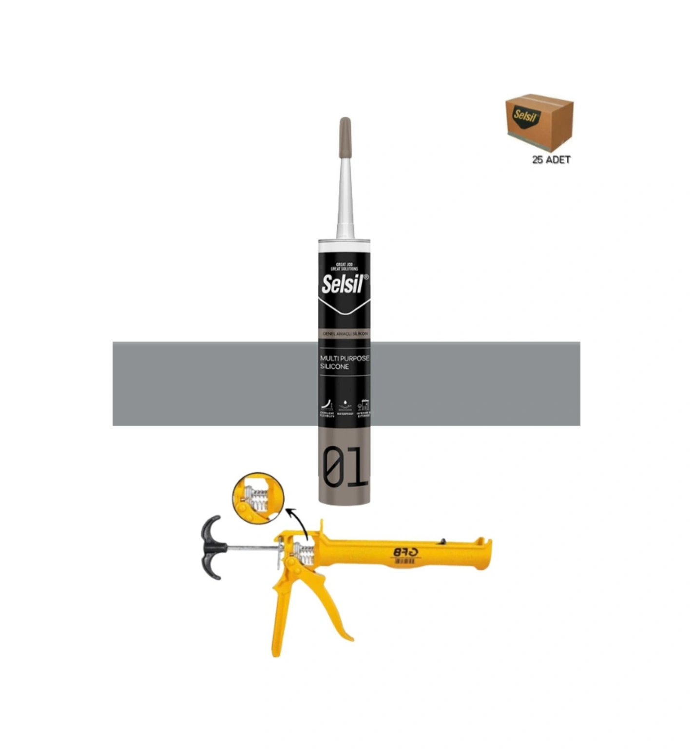 Selsil Genel Amaçlı Gri Silikon 280 Gr. 25 Adet + Gfb Alüminyum Silikon Tabancası Gri
