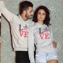 Sevgili Kombinleri Baskılı Kapüşonlu Sweatshirt Gri