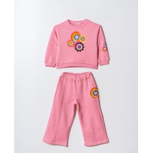 Magu Kız Çocuk Pamuklu Pembe Çiçek Desenli Sweatshirt Ve Eşofman Takım - Renkli Fun Baskı Pembe