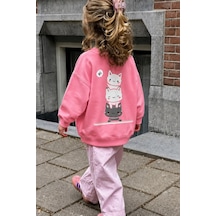 Monila Unisex Çocuk 3 İplik Kumaş Pamuklu Sırtı Kedi Baskılı Sweatshirt Pembe