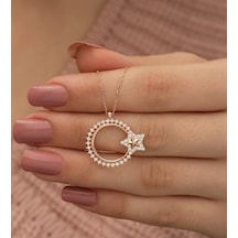 925 Ayar Zirkon Taşlı Ayyıldız Kadın Gümüş Kolye Rose Gold