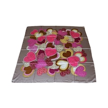 Tikitonki Kalp Desenli Kare Kesim Saten Bej Rengi Eşarp - 90x90 Karışık Karışık
