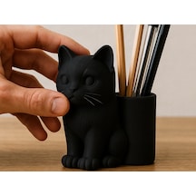 3d Baskı Kedi Figürlü Kalemlik - Masaüstü Organizer - Siyah Çok Renkli