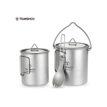 Tomshoo Hafif Titanyum 3 Parça Set Titanyum 750ml Pot 450ml Su Bardağı Kapaklı Kupa Katlanabilir