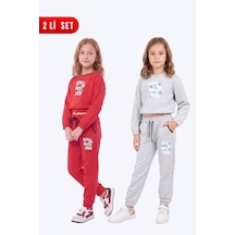 Fyk Kids 2'li Kız Çocuk Bisiklet Yaka Kısa Kesim Baskılı Çift Cepli 4 Parça Eşofman Takımı Kırmızı-gri
