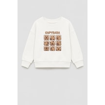 Monila Unisex Çocuk 3 İplik Kumaş Baskılı Pamuklu Sweatshirt Ekru