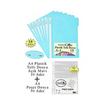 Telli Dosya Plastik A4 10 Lu Ve Poşet Dosya 50 Li 1 Paket Ekonomik Kaliteli Şeffaf Kapak Telli Dosya Okul Büro Ofis Açık Mavi