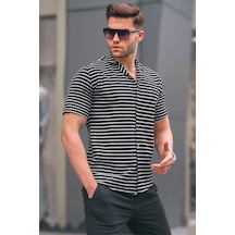 Madmext Siyah Çizgili Slim Fit Erkek Kısa Kol Gömlek 5591