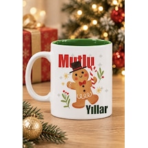 Mesela Yılbaşı Kupası Mutlu Yıllar Desenli Yeşil İçli Hediyelik Kahve Kupa Bardak Beyaz