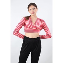 Alexander Gardi Alexandergardı Çizgili Crop Bluz, Bej-Pembe (B19-153401)