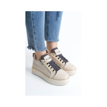 Dına Krem Gri Bağcıklı Fermuarlı Ortopedik Taban Kadın Sneaker Spor Ayakkabı Krem