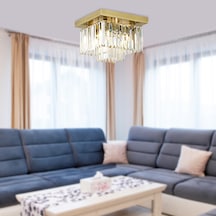 Nilüfer 2 Katlı Küçük Eskitme Kare Kristalli Taşlı Modern Tasarım Kristal Salon Avize