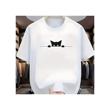 Caddemia Yaz Moda Rahat Gevşek Büyük Sevimli Kedi Desen Baskılı Yuvarlak Yaka Kısa Beyaz 2XL