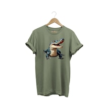 Timsah Baskılı %100 Pamuk Regular Fit T-shirt Haki