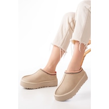 Ndr-2888 Bej Süet İçi Kürklü Kışlık Kapalı Burun Kadın Günlük Terlik Beyaz