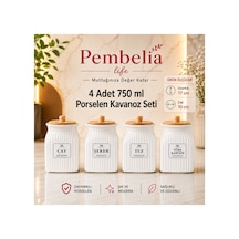 4 Lü Bambu 750 Ml Kapaklı Porselen Çay Şeker Türk Kahve Tuz Saklama Kavanoz Seti Bakliyat Kavanoz Beyaz Beyaz