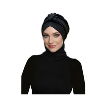 Elysianfidan Kristal Atkılı Astarlı Siyah Hazır Türban Tesettür Abiye Bone Siyah