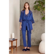 Pierre Cardin 2820 Kadın Lacivert Dantelli Penye 3'lü Sabahlıklı Pijama Takım Çok renkli
