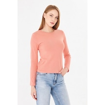 Sortie Collection Bisiklet Yaka Pamuklu Uzun Kollu Basic Penye Tişört Bluz Pudra