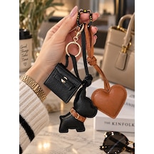 Siyah Köpek Figürlü Çanta Charm Mini Çanta Ve Kalp Detaylı Bag Charm Çanta Süsü Anahtarlık
