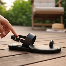 Ne&ve Shoes Siyah Hakiki Deri Parmak Arası Arkadan Tokalı Kadın Günlük Sandalet