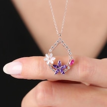 Mia vento Manolya Çiçeği Ametist Damlası Rose Renk Flowers Gümüş Kolye