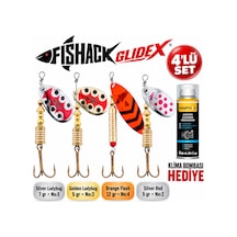 Fishack Glidex 4'lü Döner Kaşık Seti + Klima Bombası - Silver Ladybug 7 Gr No:3 + Golden Ladybug 5 Gr No:2 + Orange Flash 12 Gr No:4 + Silver Red 5 Gr No:2