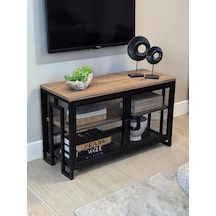 Dekoratif Metal Gövdeli Ahşap Raflı Tv Ünitesi 3 Raflı 2 Kapaklı Tv Sehpası 90 X 36 Cm Televizyon Ünitesi