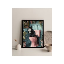 Banyo Tablosu Mdf Tablo Banyo İçin Tuvaletini Yapan Kedi Bnymdf Mdf Mavi Çerçevesiz