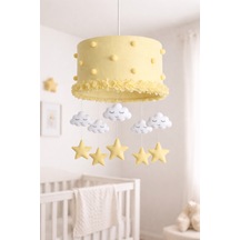 Bulut Ve Yıldızlı Bebek Odası Avize 30x20 Cm Keçe Detaylı El Yapımı Çocuk Odası Aydınlatma Sarı1