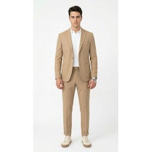 Pike Kumaş Jogger Pantolonlu Erkek Takım Elbise Torba Cepli Tek Düğme Slim Fit Kombin Bej