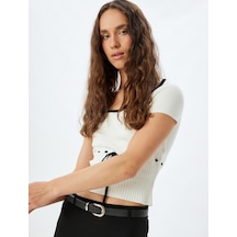 Koton Crop Kazak Kısa Kollu Fiyonk Detaylı Kare Yaka Slim Fit Ekru 5wal90072ıt Ekru