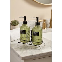 Makri Home Modern Çizgili Yuvarlak Cam Ikili Sıvı Sabunluk & Deterjanlık Seti, Yeşil- 500 Ml Cam Sabunluk