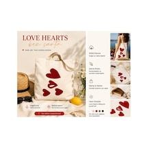 Lumindra Love Hearts Kalp Desenli Bez Omuz Çantası Günlük Kullanım, Doğal Pamuk Tote Bag 43 39 Cm Krem Krem