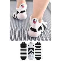 İnek Desenli Dört Mevsim 3'lü Siyah Beyaz Topuk Detay Kadın Nakışlı Patik Çorap Seti