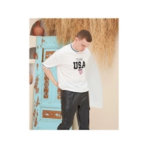 Erkek Bisiklet Yaka Tişört Nakış İşlemeli Kısa Kol Oversize T-shirt - Beyaz