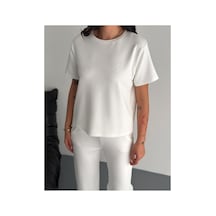 Gugus Kadın Modal Alt/üst Takım Kısa Kollu T-shirt Bol Paça Eşofman Wide Lege Model Ekru